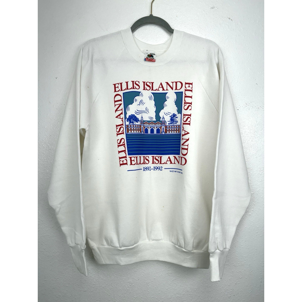 Vintage Ellis Island Fruit of The Loom Sweatshirt Made in USA 90s Size L STAIN